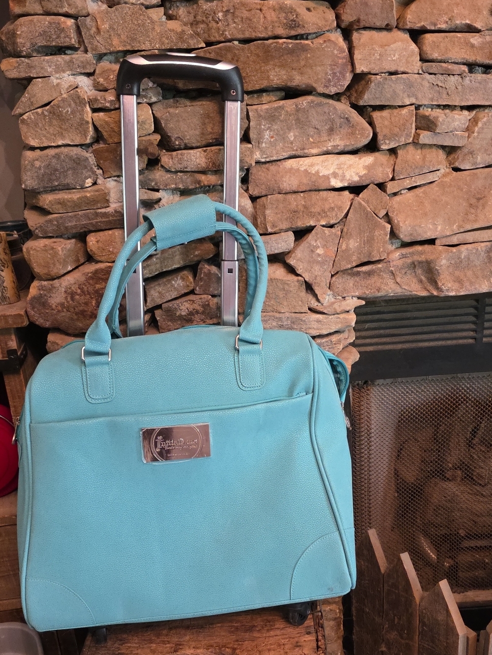 Light Teal Rolling Travel Tote with Telescoping Handle